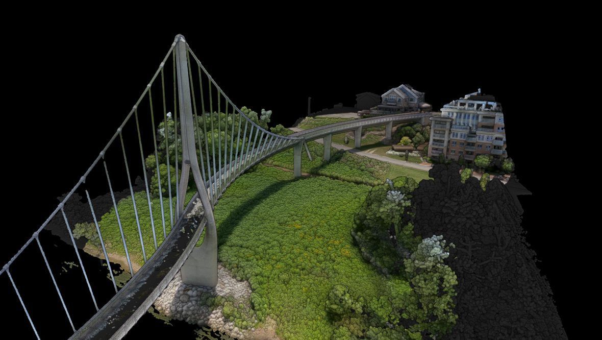 Live interactive 3D photogrammetry scan of the Bridge Park pedestrian bridge in Dublin, Ohio — press play, then drag to look around.
